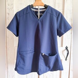 Fabletics Womens Scrub Top Navy Blue MotionTech V Neck Stretch Pockets Size S